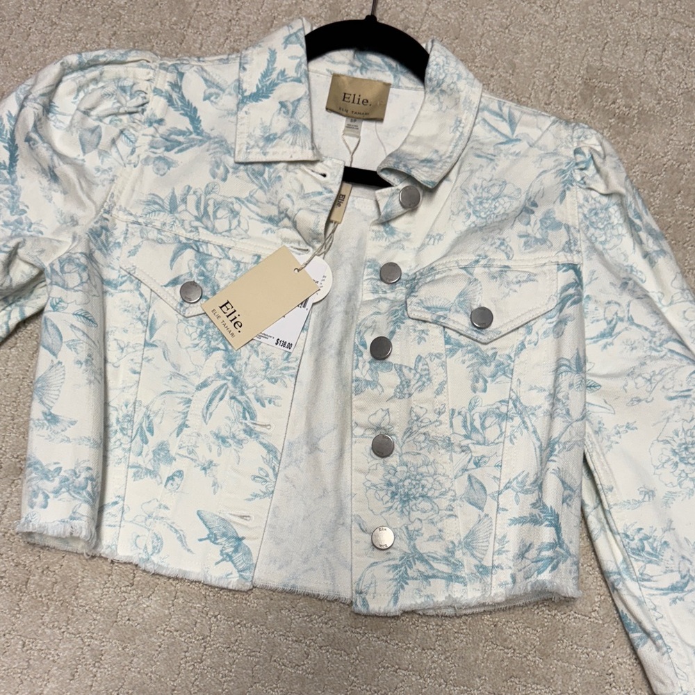 Elie Tahari Blue and White Floral Jean Jacket